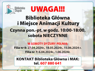Filia nr 8 MBP 27 kwietnia 2024 r. czynna w godz. 9-14